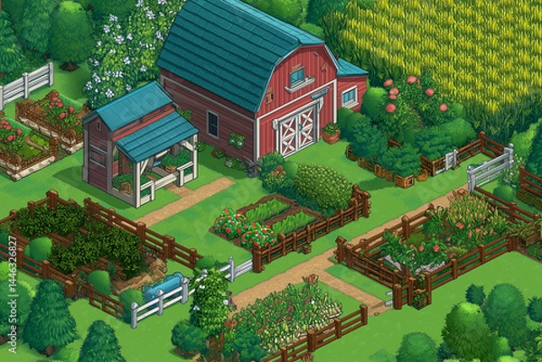 Fototapeta Colorful isometric farm top-down view