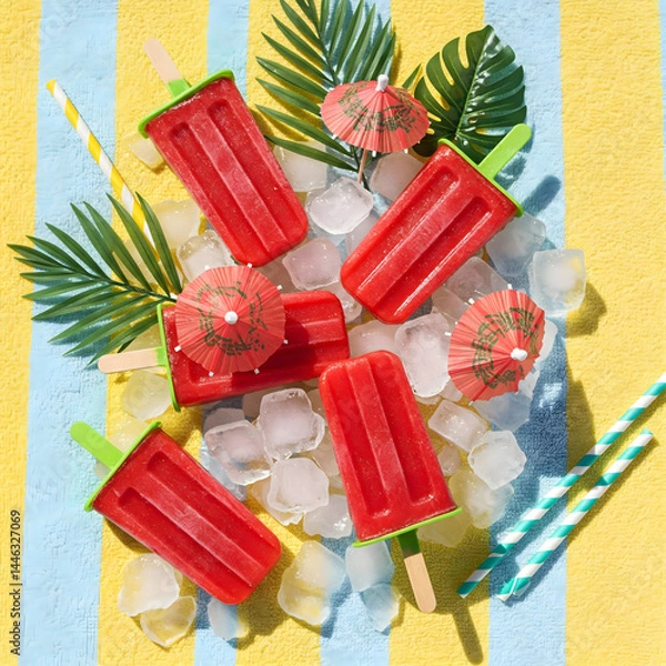 Obraz Tropical red popsicles and crushed ice styled with mini umbrellas and striped straws – fun beach-themed summer stock image.
