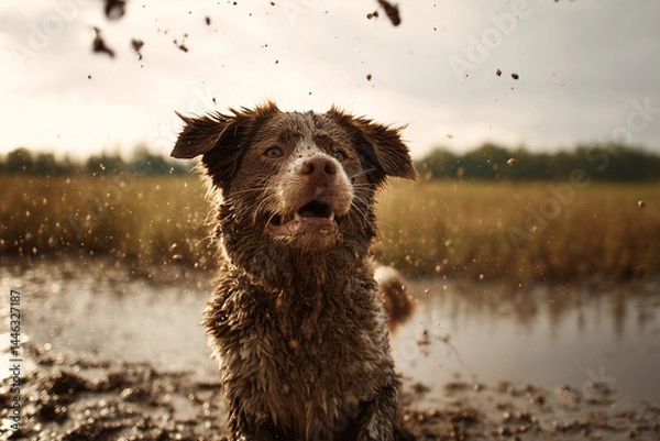 Fototapeta A dog runs in the mud