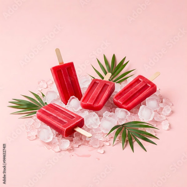 Obraz Bold and juicy red popsicles on turquoise with tropical greens – ideal for food photography and summer visuals.