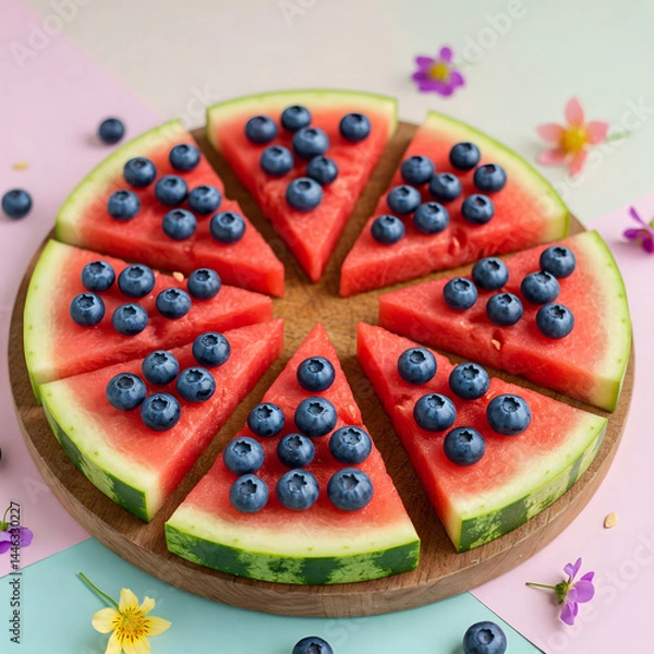 Obraz Flat lay of watermelon pizza with blueberries – vibrant and fresh summer snack idea.