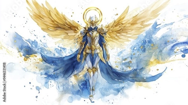 Fototapeta Winged warrior in blue and gold armor, celestial figure with halo on a white backdrop with watercolor accents and golden sparks