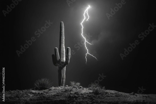 Fototapeta Black and white shot of a cactus standing tall against the desert sky with a lightning strike behind.