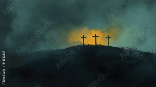 Fototapeta Three crosses stand on a dark hill against a dramatic cloudy sky with a glowing yellow light