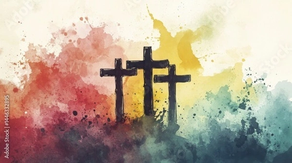 Fototapeta Painted three religious crosses on a textured paper with colorful watercolor paint washes