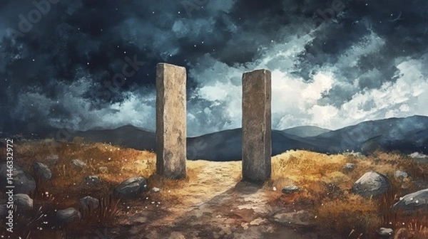 Fototapeta Ancient stone monoliths standing in a starry night landscape with dramatic clouds