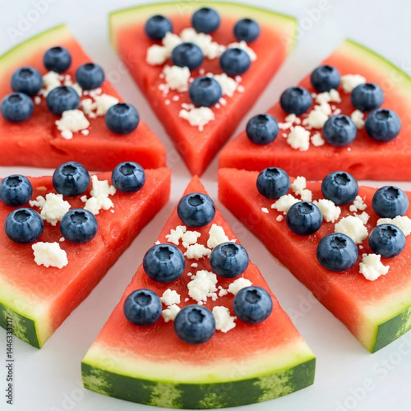 Obraz Creative summer fruit platter: watermelon wedges with mint and cheese on a bright, rustic surface.