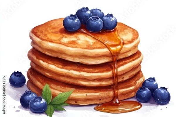 Fototapeta Delicious stack of pancakes drizzled with maple syrup and topped with fresh blueberries vibrant