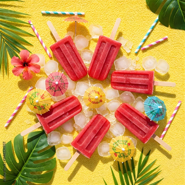 Obraz Summer popsicle flat lay with crushed ice, palm leaves, and paper umbrellas – bright, cheerful, and perfect for tropical food concepts.