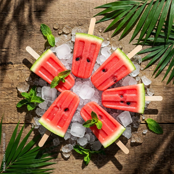 Obraz Tropical-themed watermelon popsicles on white background with ice and green leaves – refreshing and colorful.