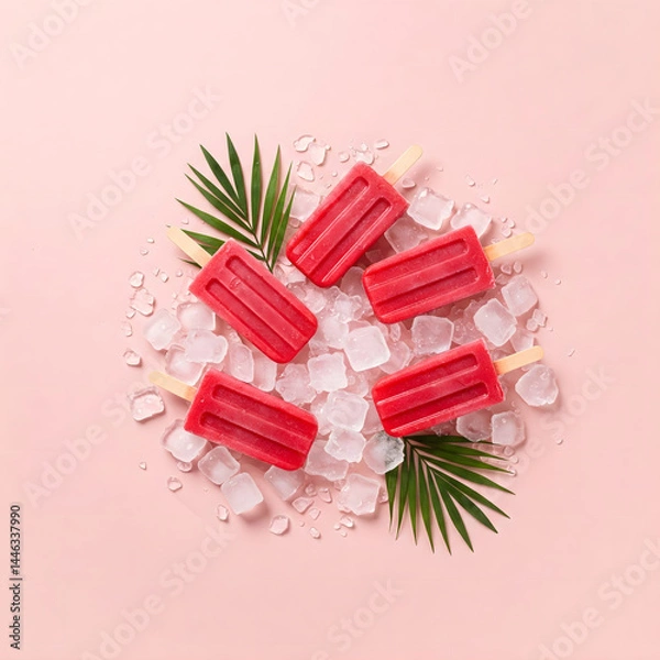 Obraz Chilled red popsicles on crushed ice with palm and monstera leaves, vibrant turquoise background, perfect for tropical summer themes.