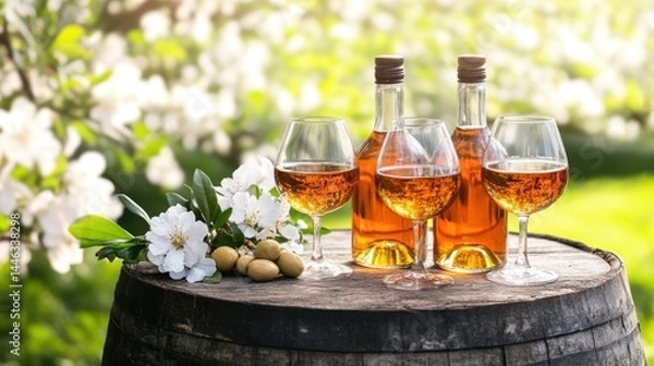 Fototapeta Orchard Calvados Tasting Two bottles and glasses of apple brandy on a barrel, spring blossoms background