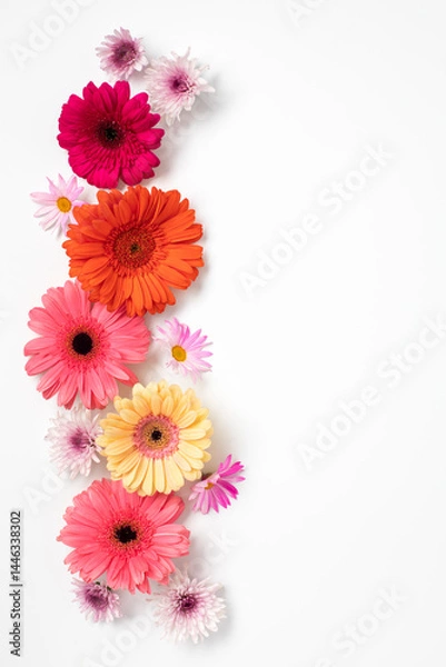 Obraz Closeup view of colorful herbera flowers forming a border on white background with copy space