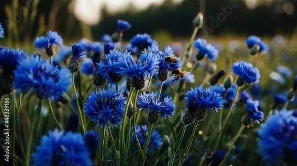 Fototapeta Vibrant blue wildflowers in a meadow at sunset.  Buzzing bees