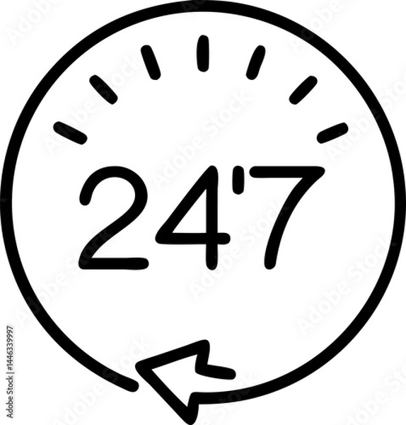 Fototapeta 24/7 service, customer support availability, thin line vector icon with transparent background