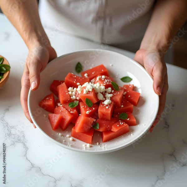 Obraz Overhead shot of colorful watermelon salad prep—mint, feta, and lime in a clear while plate, bright and healthy.