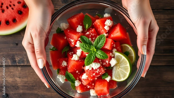 Obraz Fresh summer salad with lime, feta, and mint—hands mixing in clear bowl, clean and vibrant top-down shot.