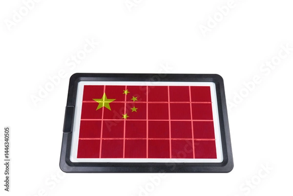 Fototapeta A portable solar panel featuring the red and yellow flag of China, presented on a clean transparent background. The concept of alternative energy development in China
