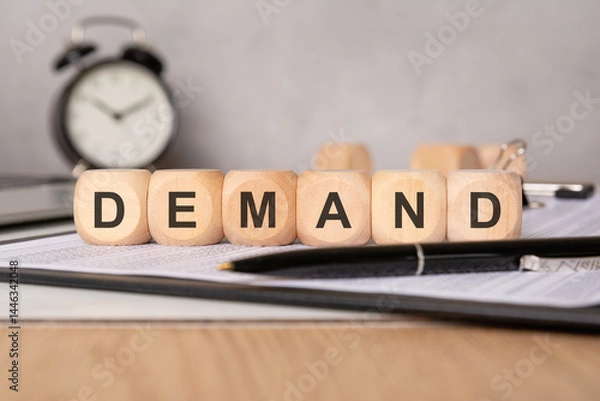 Obraz Wooden cubes forming the word DEMAND on office papers with a pen and clock