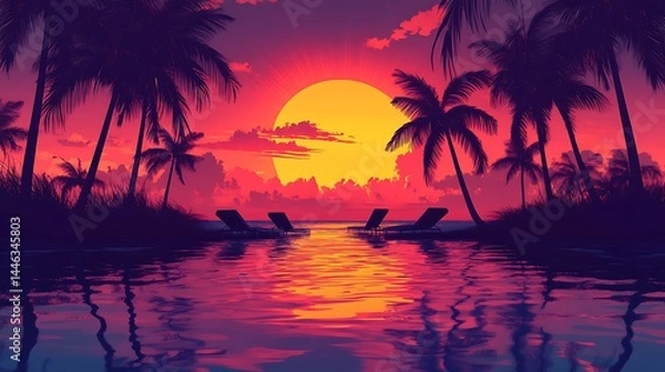 Fototapeta Silhouette palm trees sunset glow images
