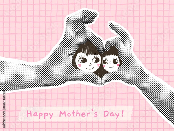 Fototapeta Cute Mother's Day Vector Collage with Mom and Child Faces in A Heart Shape, Halftone Cute Modern Illustration Background