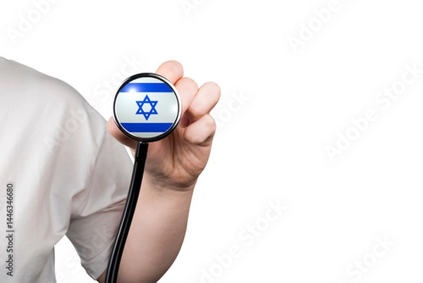 Fototapeta The head of a medical stethoscope in the shape of the Israeli flag in a hand (close-up) on a transparent background. Israeli healthcare system concept