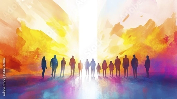 Obraz Group of People Silhouettes Facing Radiant Light on Horizon, Exploring the Unknown, Guidance, Path to Success, Hope