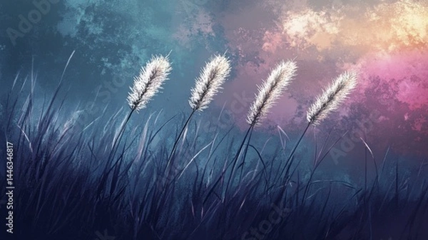 Fototapeta Tall meadow plumes wave gently in soft twilight, moody landscape scene with texture and muted colorful tones, nature tranquility