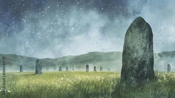 Obraz Megalithic Standing Stones circle under night sky dotted with stars in grassy meadow surrounded by rolling hills