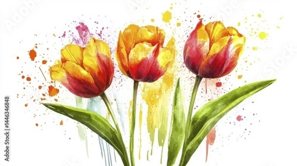 Obraz Three vivid orange and red tulip blossoms in bright watercolor style with splattered color on a white isolated background