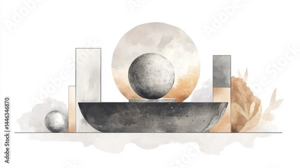 Obraz Abstract Arrangement with Circle, Sphere, Bowl Shapes and Neutral Watercolor Textures on a White Background