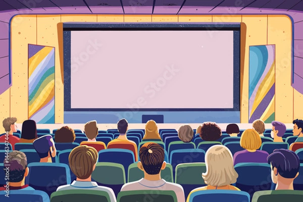 Fototapeta Funny group of people gathered together to enjoy a movie projected on a large screen. cinema experience vector