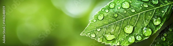 Fototapeta Close-up of a green leaf with water droplets on a blurred background, macro view.