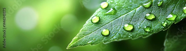 Fototapeta Close-up of a green leaf with water droplets on a blurred background, macro view.