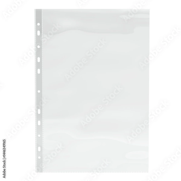Fototapeta Sheet plastic protector, clear folder file. Punched pocket sheet, mockup empty A4. 3D rendering isolated on transparent background