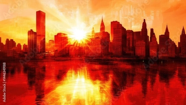 Fototapeta A fiery sunrise over a city skyline reflected in a still body of water