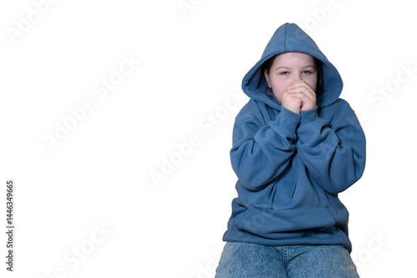Fototapeta Young person in blue hoodie with a sad gaze, looking directly at camera with hands near face. Isolated on transparent background