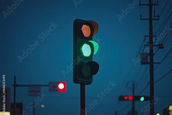 Obraz Nighttime traffic signal showing green light
