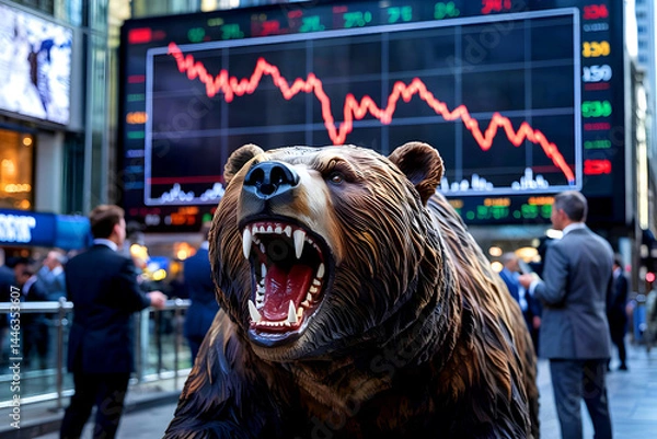 Fototapeta A snarling bear statue with stock market graphs that are trending lower in the background.