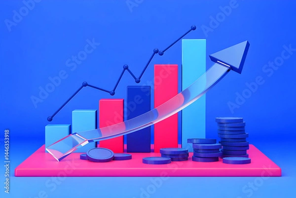Fototapeta Financial stock growth and investment graph with arrow digital analysis on a 3D diagram backdrop money profit business, and success.