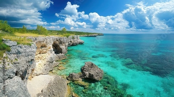 Fototapeta Picturesque coastal scenery with turquoise water and cliffs