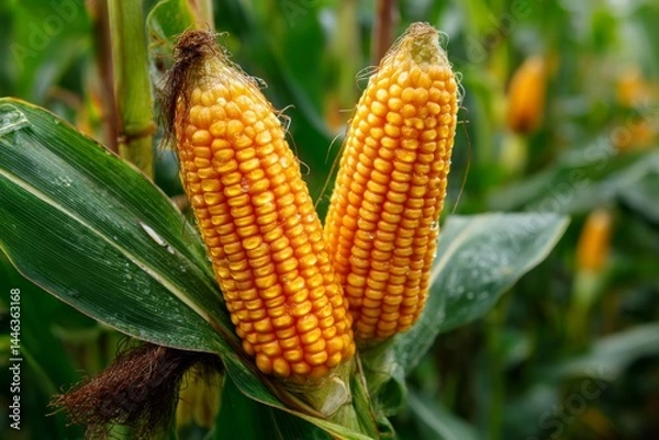 Fototapeta Two ears of mature yellow corn on the stalk in a field ready for harvest showing green husks and kernels up close.