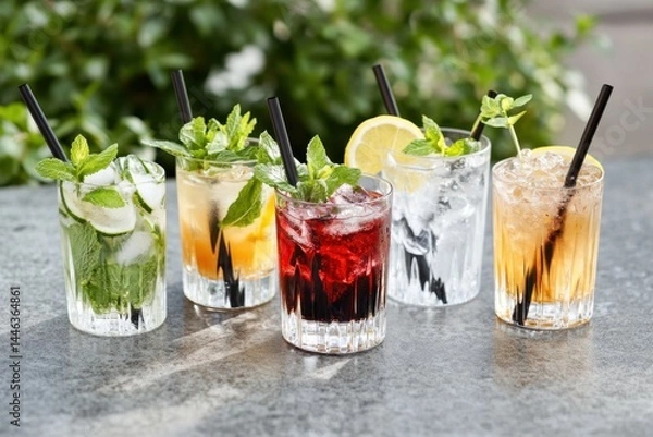 Fototapeta A row of glasses with different cocktails, each featuring black straws and garnishes like lemon slices or mint leaves Generative AI