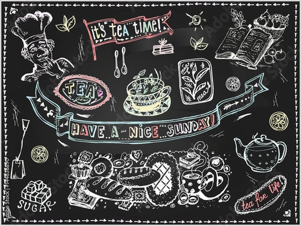Obraz Tea set graphic element for menu on blackboard.