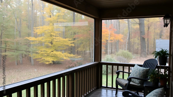Fototapeta Cozy screened porch in early morning, rain drops on window and autumn leaves and woods in the background.