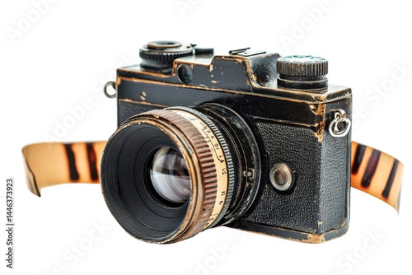 Fototapeta Vintage camera worn leather strap aged lens nostalgic feel antique photography retro design black