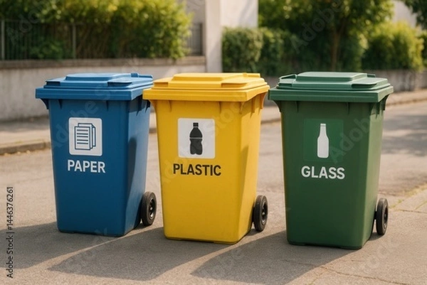 Fototapeta Recycling bins promoting waste sorting and environmental awareness