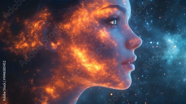 Fototapeta Glowing woman's profile with celestial cosmic energy radiating across her face, with twinkling starry particles, on a transparent background, PNG image, PNG file.