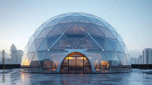 Fototapeta Geodesic dome office stands on smooth reflective flooring high resolution image