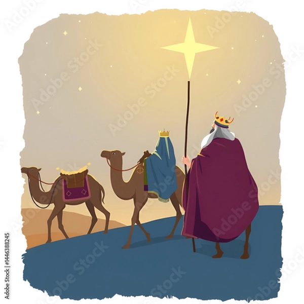Fototapeta Three biblical Kings (Caspar, Melchior and Balthazar) follow the star. Three wise men on camels.